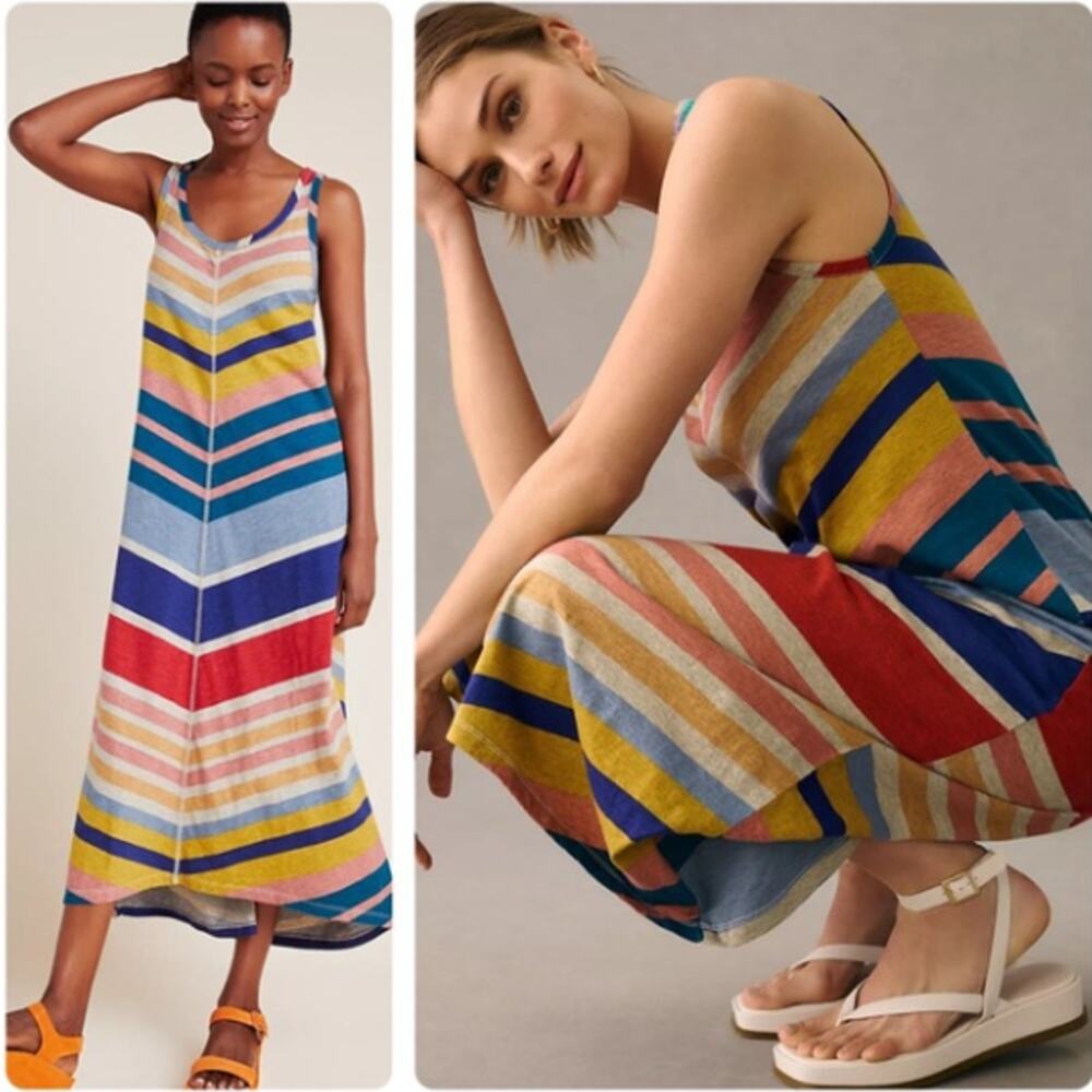 Anthropologie Chevron Lounge Maxi Dress Size Medium Sleeveless Rainbow